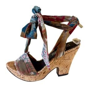 Donald Pliner Couture Hand Carved Cork Leather Platform Shoe New Silk Scarf $250